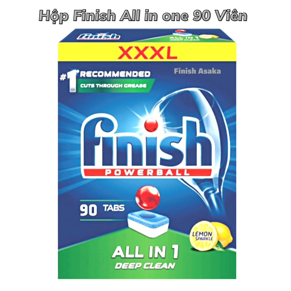 Combo rửa chén Finish: All in 1 hộp 90 viên, Nước làm bóng 750ml, Muối Hộp 1,5 kg - Nhập khẩu Châu Âu.