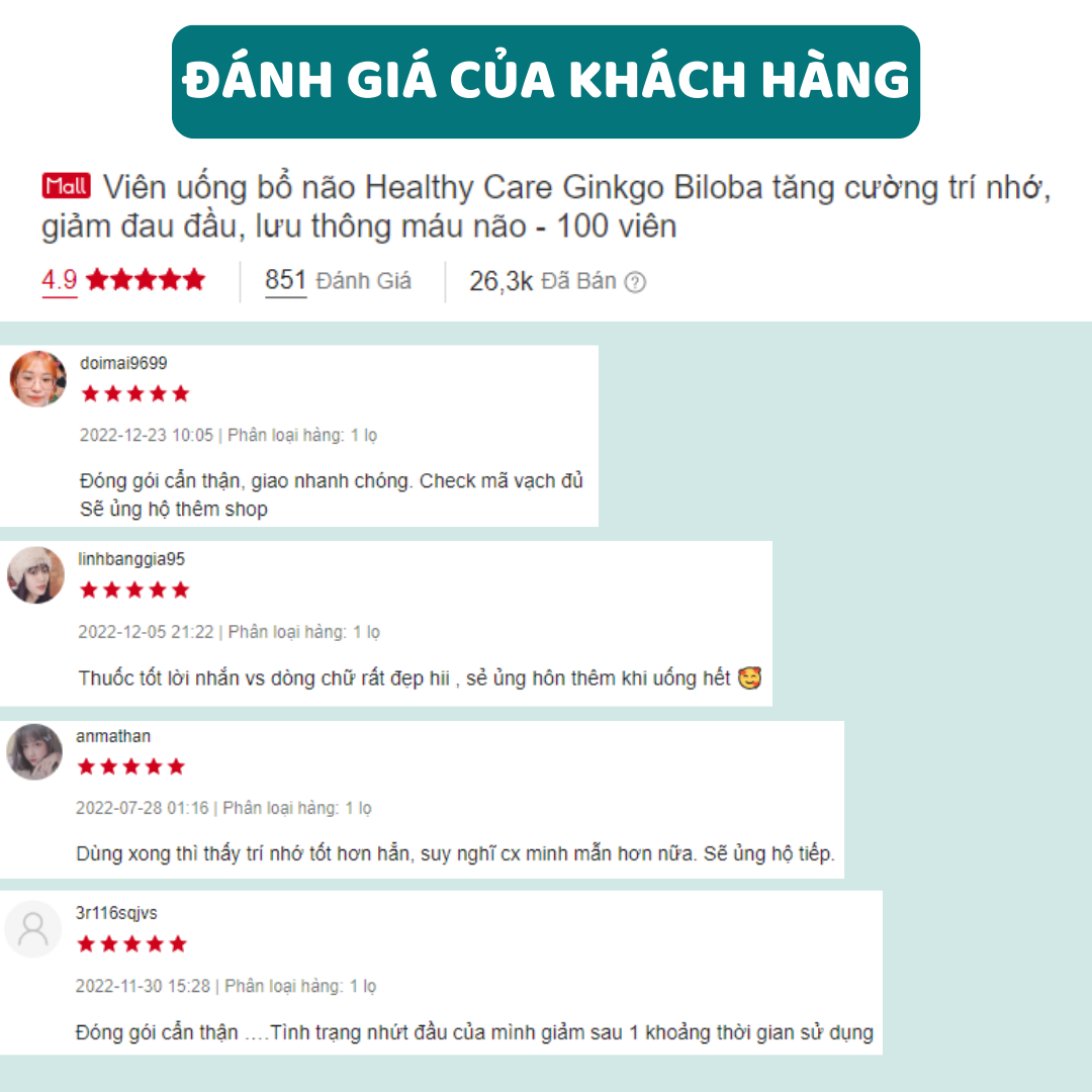 Viên uống bổ não Healthy Care Ginkgo Biloba 100 viên