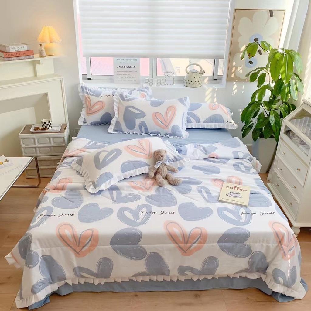 Bộ ga giường chăn chần bông hè chất Cotton Đũi bèo phong cách Hàn Quốc - Nhà Nhím Bedding