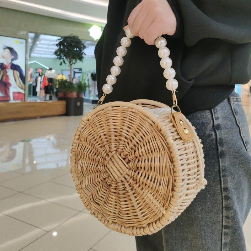 Túi Cói Mây Tròn Quai Ngọc