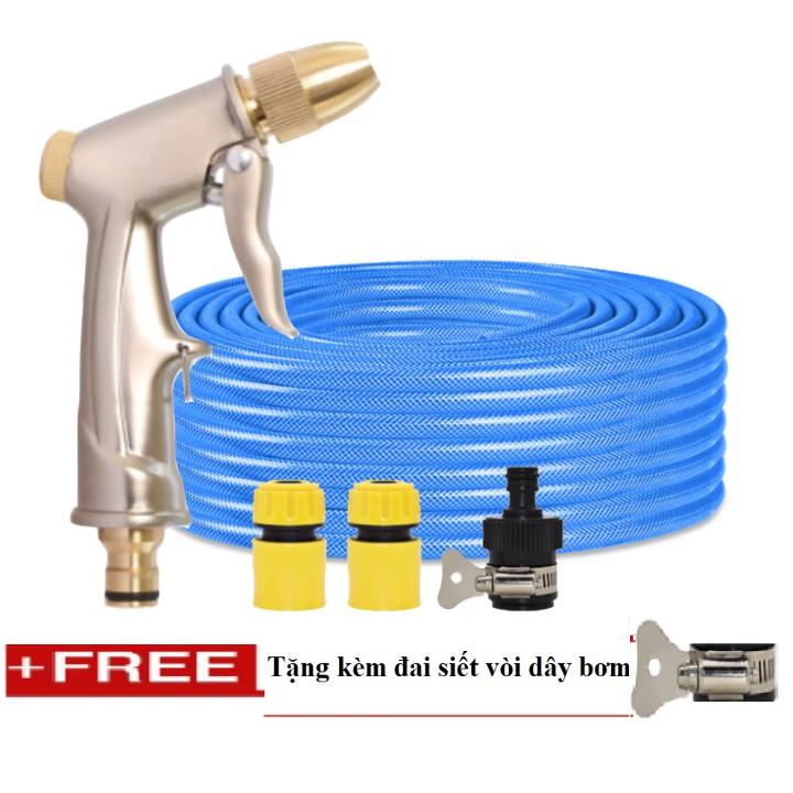 Bộ dây vòi xịt nước rửa xe, tưới cây . tăng áp 3 lần, loại 20m 206701-1 đầu đồng,cút,nối đen + tặng đai