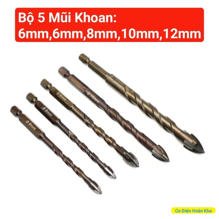 Bộ 5 Mũi Khoan Đa Năng 4 Cạnh Chân Lục Giác Đủ Các Kích Thước