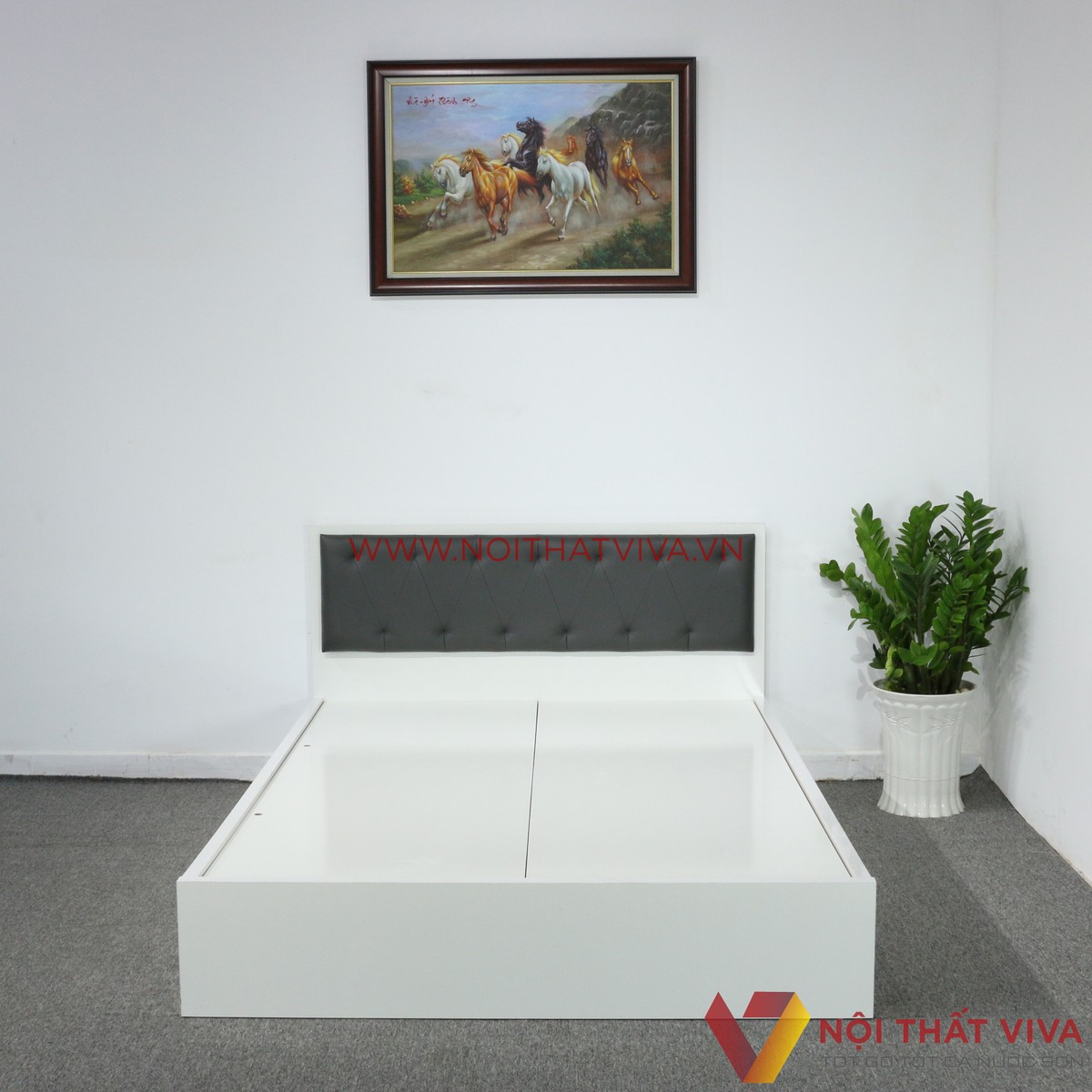 Giường Ngủ MDF Melamine Màu Trắng Có Đầu Nệm Đen Đẹp Giá Rẻ