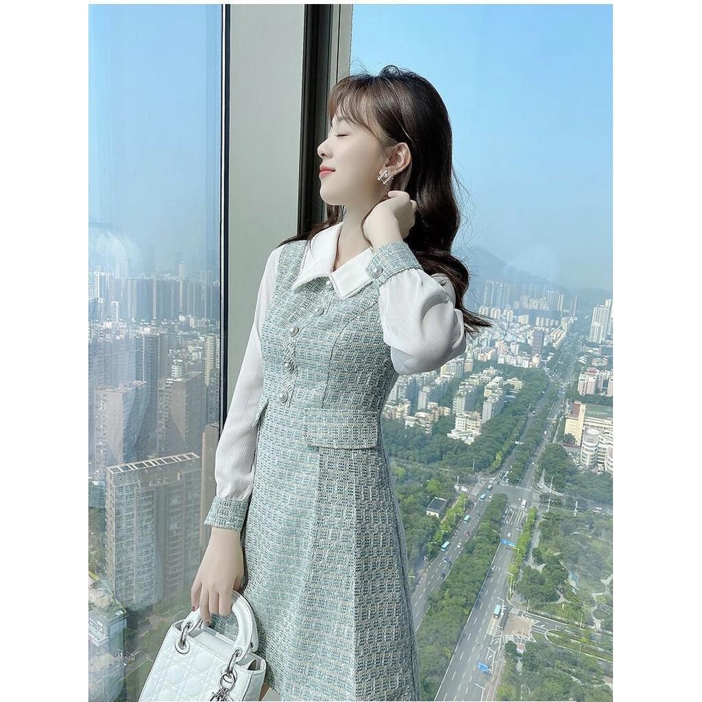 Đầm Váy Xanh Công Sở Nữ Thiết Kế Hàn Quốc Mới Tiểu Thư Sang Trọng Kín Đáo Ring House
