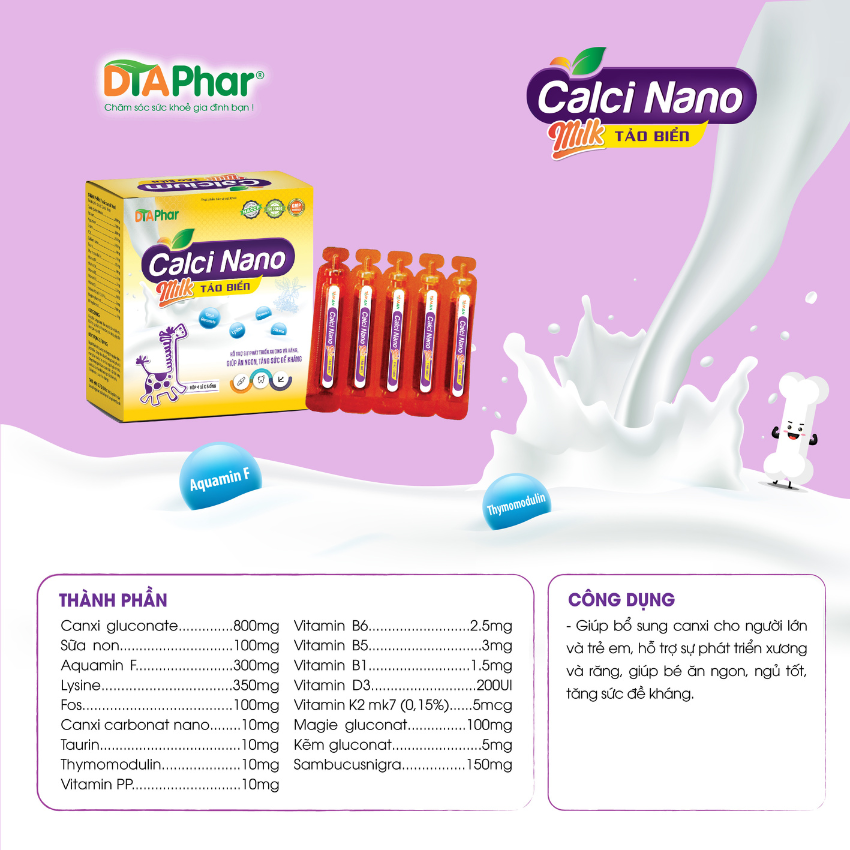 Siro uống Calci Nano Milk Tảo Biển bổ sung canxi cho người lớn và trẻ em hỗ trợ phát triển xương răng tăng sức đề kháng ăn ngủ ngon Hộp 20 ống Tâm An Pharma