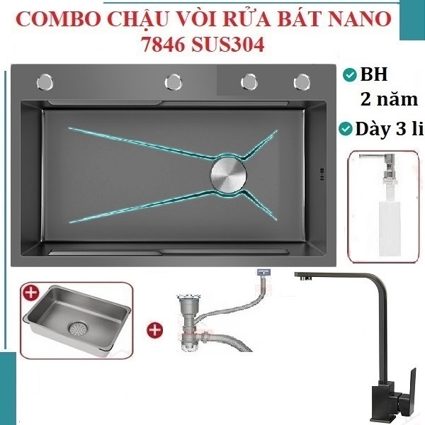Chậu Rửa Bát 1 Hố 7846 Valenza Sus304 Nano Đen Kháng Khuẩn Kèm Vòi Rửa Bát Nano Vuông, Bộ Xả To Ngăn Mùi, Khay Inox Gác Chậu, Bình Rửa Bát, Dụng Cụ Rửa Ly Cốc - Chậubộ Xảkhay Inoxvòibình Rửa Bát