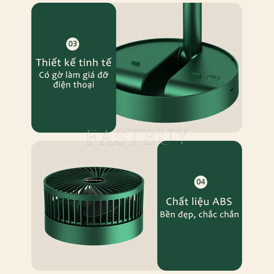 Quạt Tích Điện Để Bàn Gấp Gọn-3 Tốc Độ Gió, Có Thể Điều Chỉnh Độ Cao, Xoay 180 Độ, Cổng Sạc USB