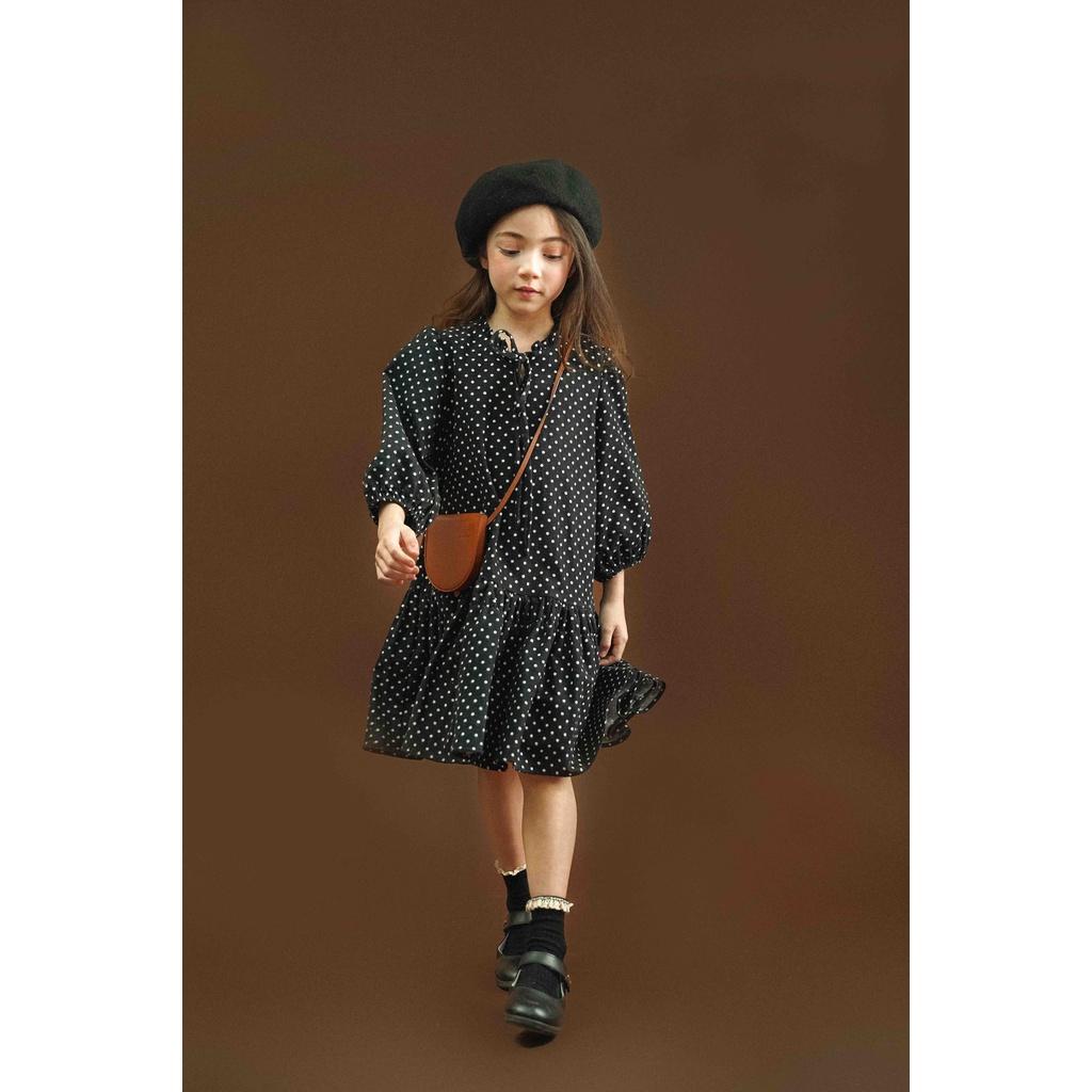 Đầm bé gái dài tay suông nấm cổ thắt nơ chấm bi - Mary dress - Xanh Navy