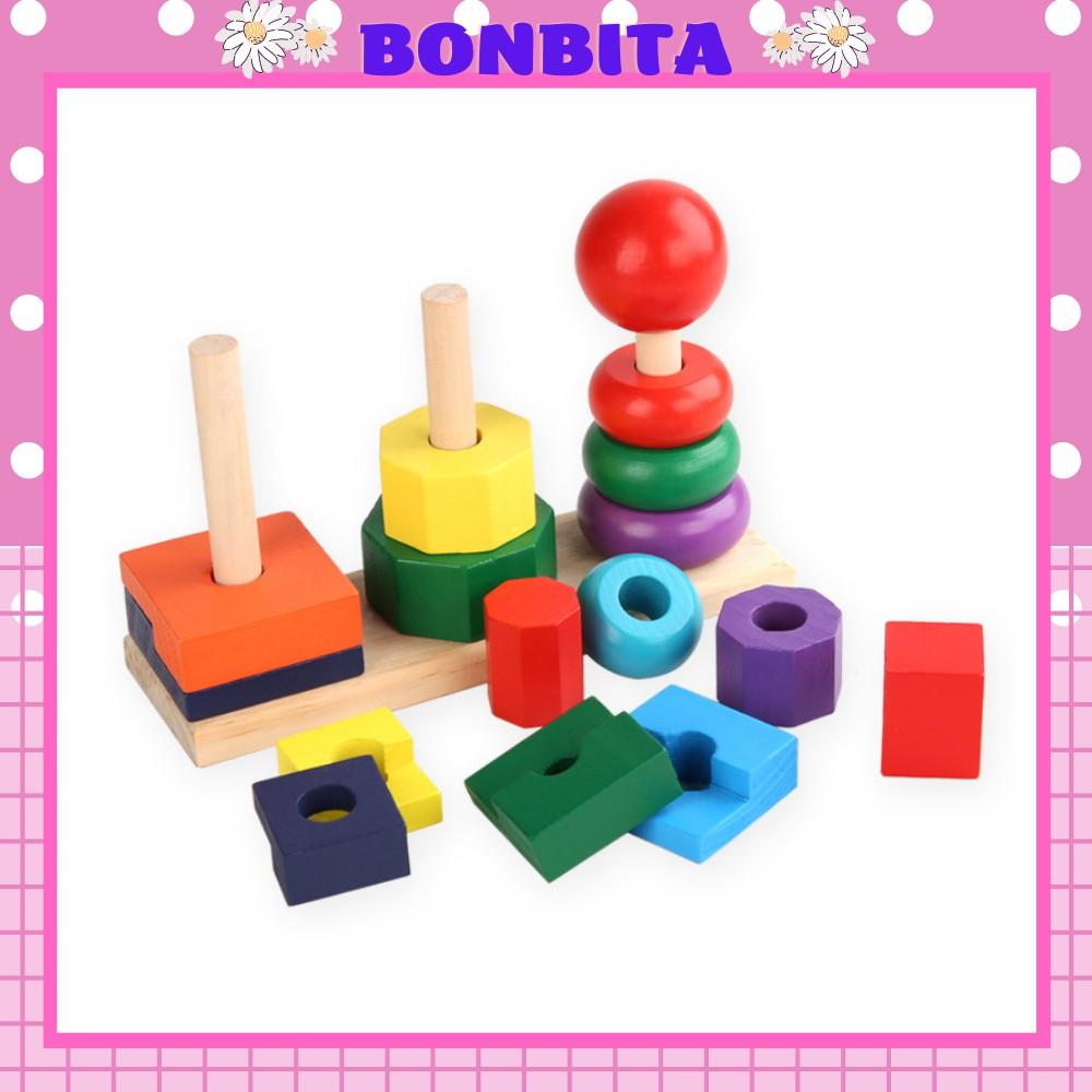 Bộ Giáo Cụ Montessori tháp xếp chồng 3 Cọc hình khối cho bé