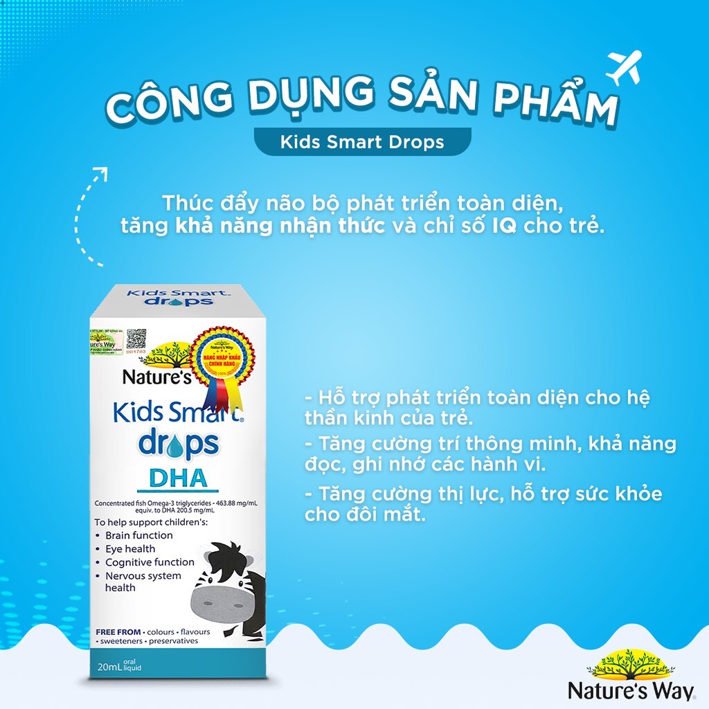 Combo 2 Lọ DHA Nature's Way Kids Smart Drops Dạng Giọt Giúp Tăng IQ, Phát Triển Não Bộ Cho Bé 20ml