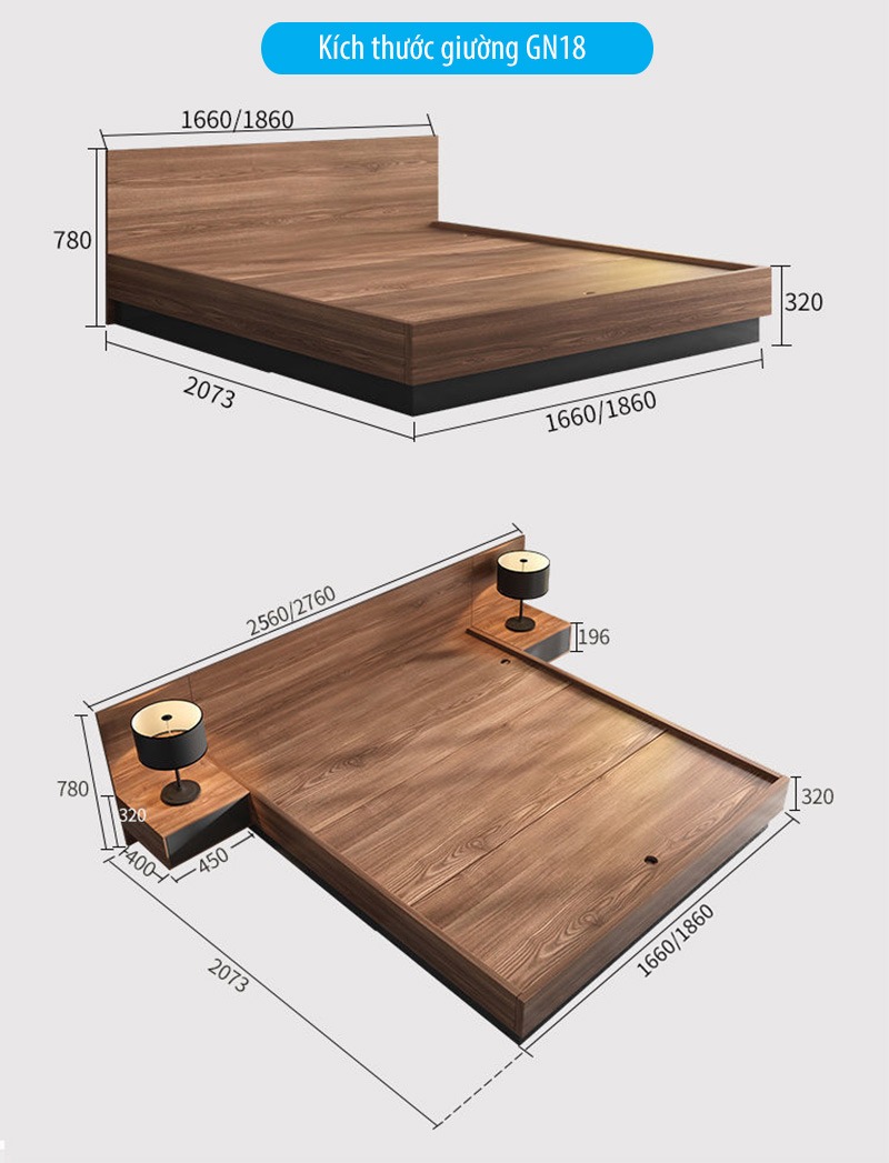 Giường Ngủ Gỗ Kèm Piston Nâng Hạ Thông Minh Màu Walnut Thương Hiệu SIB Decor GN18