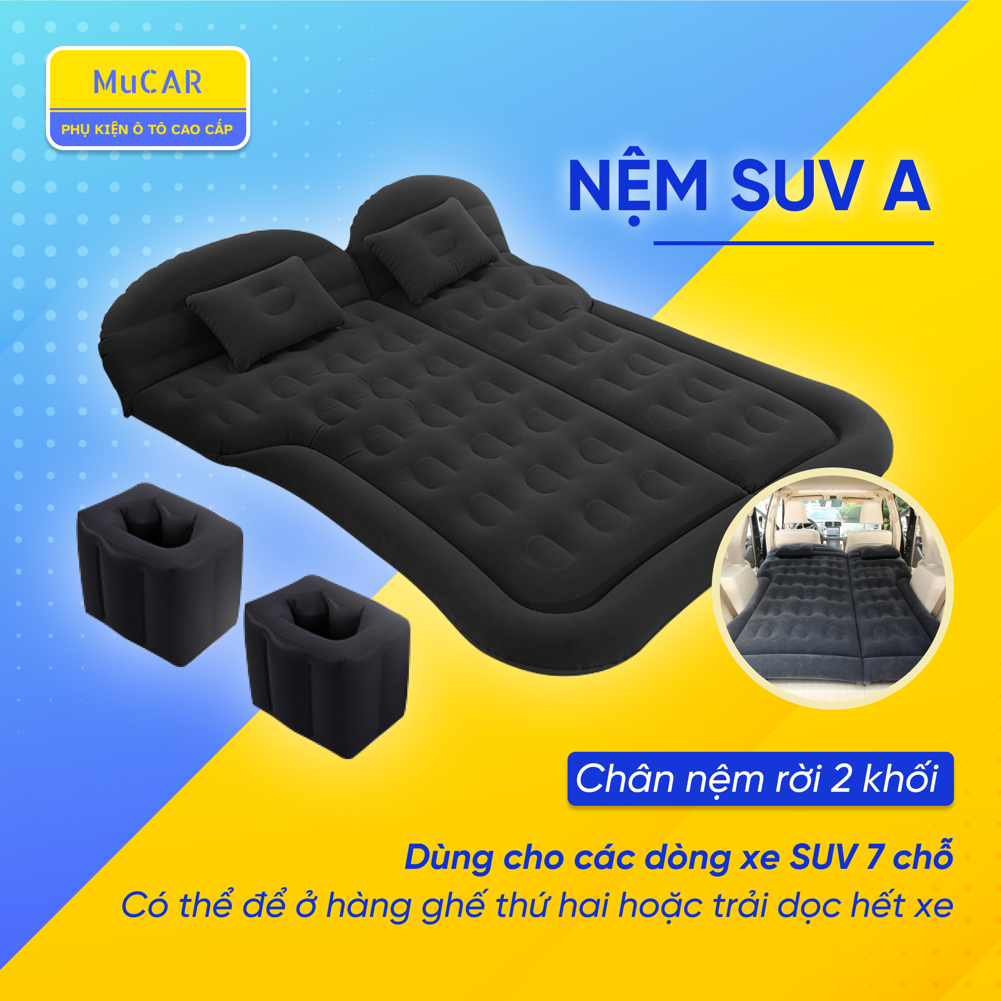 Nệm hơi, giường hơi ô tô cao cấp cho xe SUV, xe 7 chỗ, 16 chỗ, phủ 2 hàng ghế, dùng đi du lịch, cắm trại cho gia đình