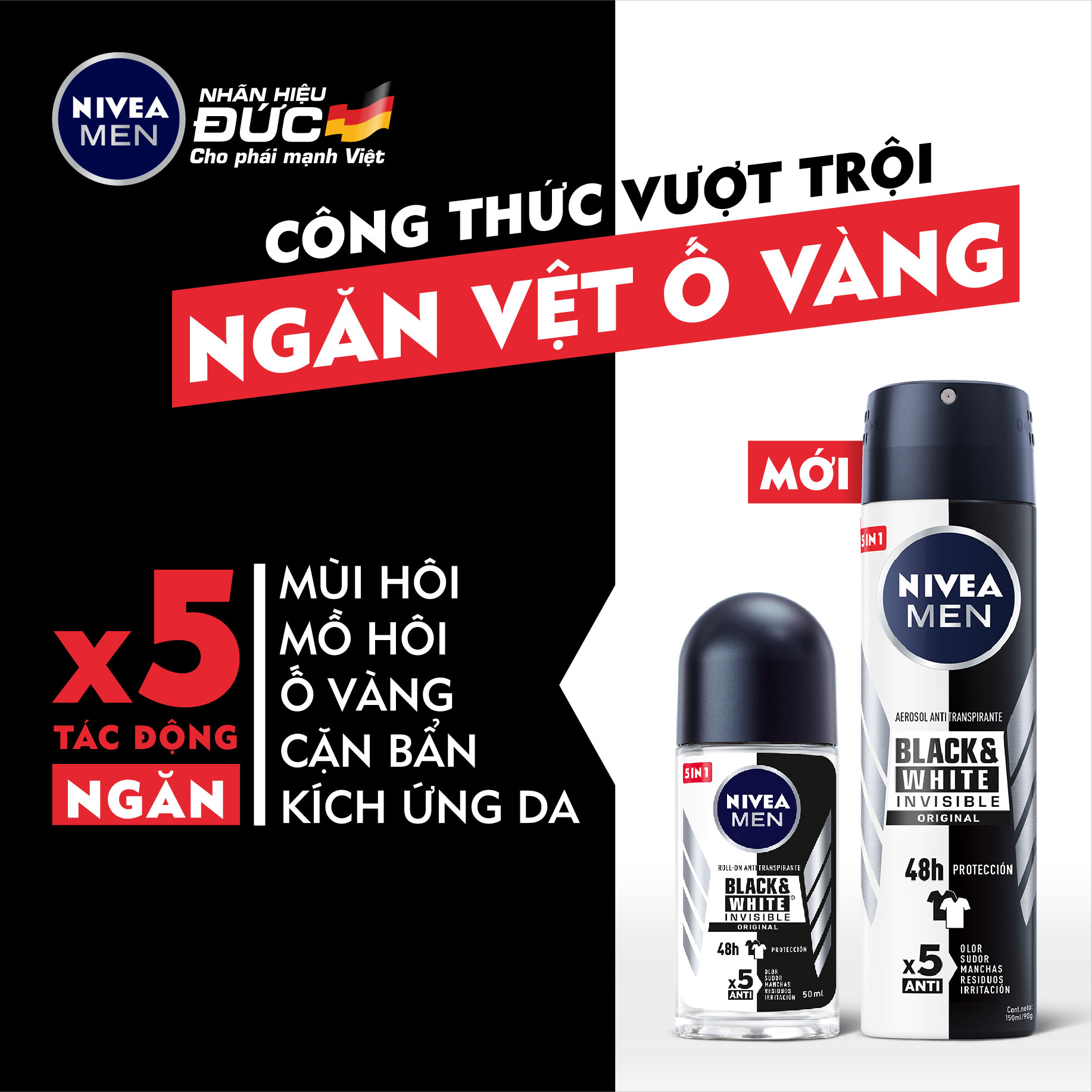 Lăn Ngăn Mùi NIVEA MEN Black &White - 48H Ngăn Mồ Hôi - Ngăn Vệt Ố Vàng