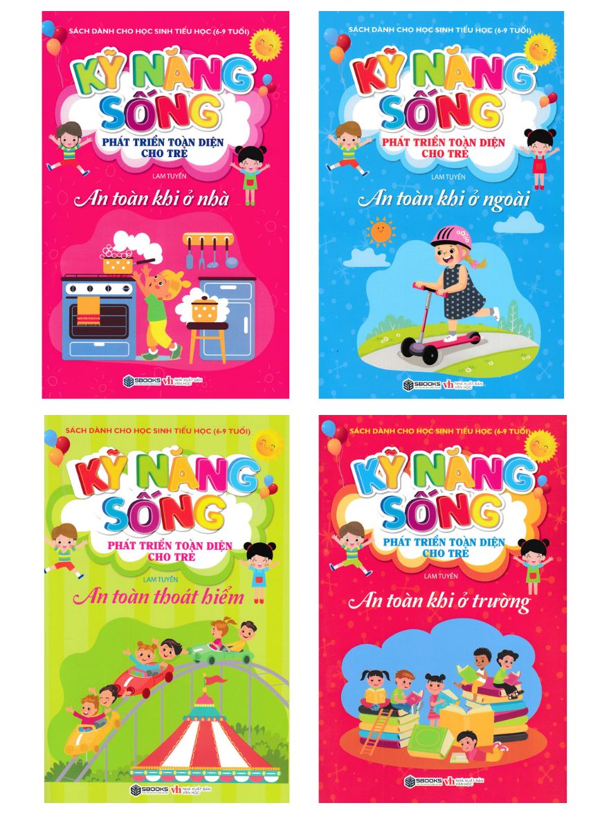 Combo Kỹ Năng Sống Phát Triển Toàn Diện Cho Trẻ - An Toàn: Khi Ở Nhà + Khi Ở Ngoài + Khi Ở Trường + Thoát Hiểm (Bộ 4 Cuốn - Sbooks)