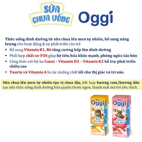 TUDD Sữa chua uống Oggi Hương Dâu / Hương Cam 180ml - lốc 4 hộp - VitaDairy