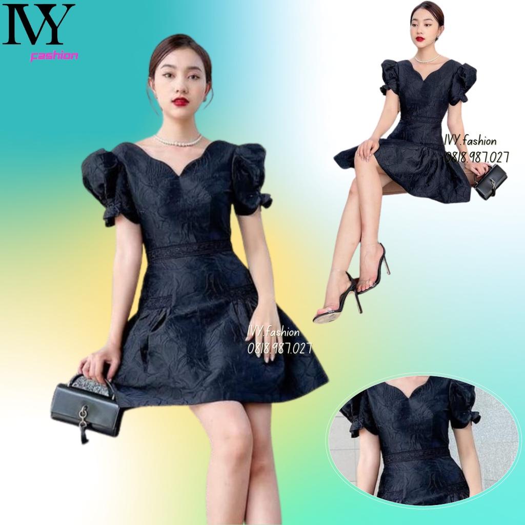 Đầm đen thiết kế xòe gấm cao cấp tay phồng cổ V đuôi cá chữ A ivy.fashion đi biển dự tiệc dạo phố bigsize gợi cảm sexy