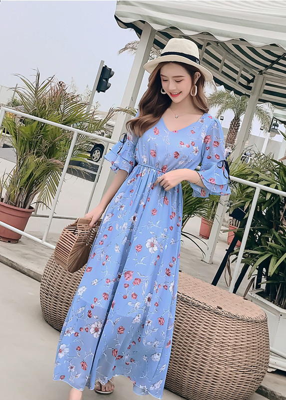 Đầm voan dài dáng xòe thướt tha, cổ tim tay lỡ điệu đà, maxi đi biển cao cấp mẫu mới nhất | MX020