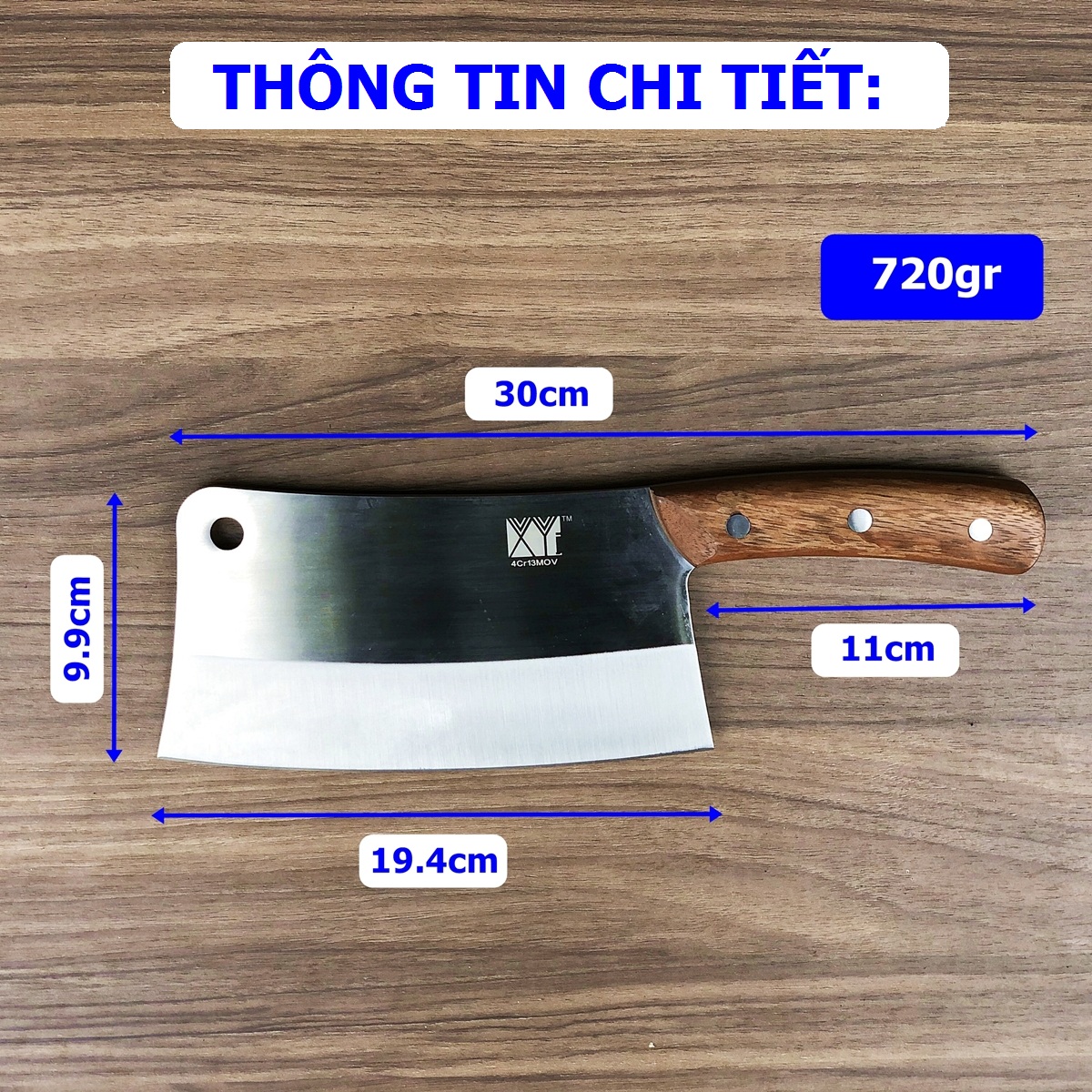 Dao chặt xương lớn DandiHome thép 4Cr13 nặng 890gr cao cấp