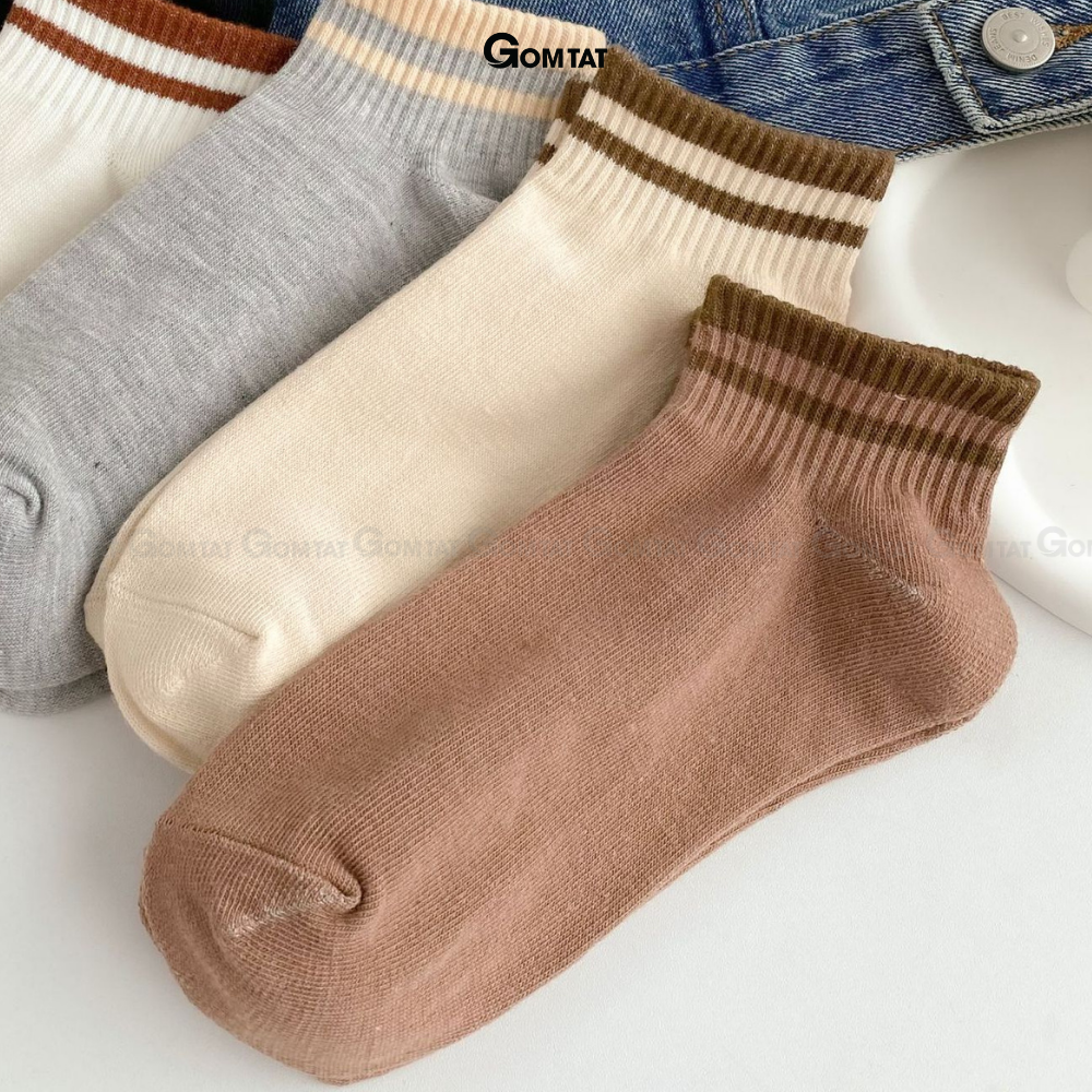 Set 5 đôi tất cổ ngắn nữ GOMTAT cổ sọc ngang nhiều màu, vớ nữ cổ ngắn chất liệu cotton mềm mại thoáng mát - CB095