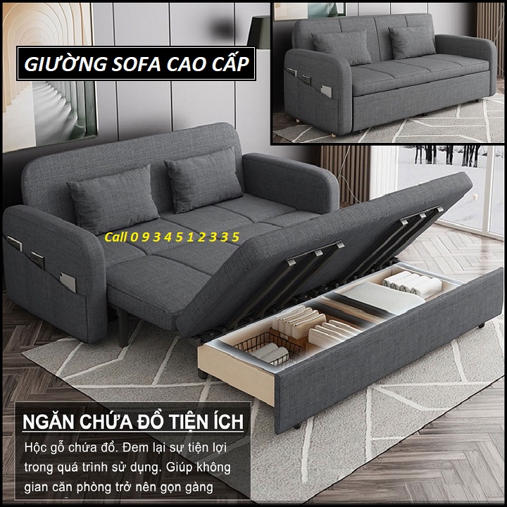 Giường ngủ sofa gấp gọn kiêm ghế sofa. Sofa giường đa năng có ngăn chứa đồ tiện ích. KT 1m6 x 1m90. Tặng kèm 2 gối