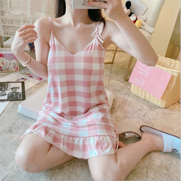 Đầm mặc nhà, đầm ngủ, đầm đuôi cá, đầm 2 dây họa tiết kẻ caro cute AH03