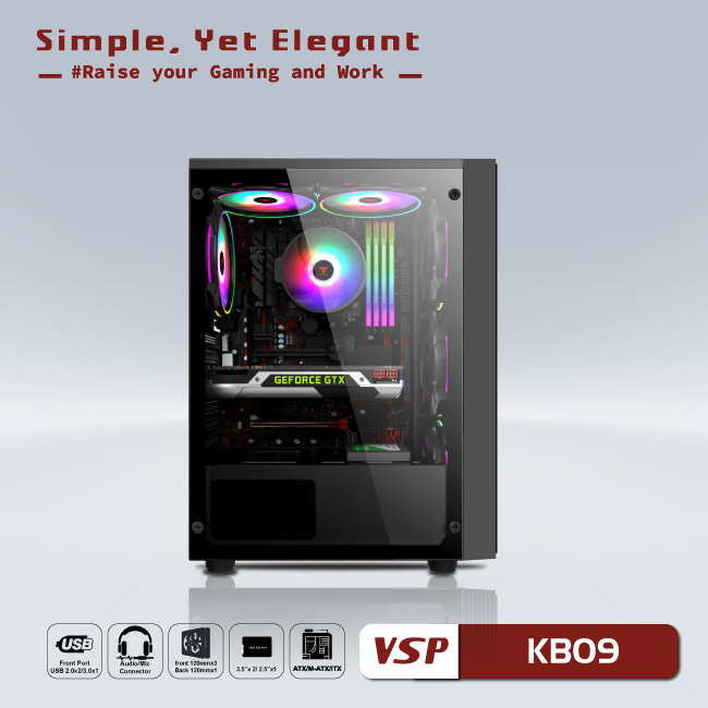 Vỏ máy tính Case VSP KB09 [ĐEN] Gaming kính cường lực (Không kèm Fan, ATX/M-ATX/ITX) - Hàng chính hãng VSP phân phối