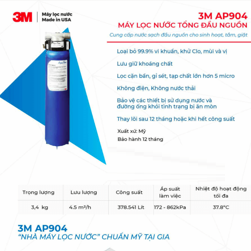 Máy Lọc Nước Tổng 3M PREMIUM AP904 Gấp Đôi Khả Năng Xử Lý Cặn Bẩn, Nước Sạch Sinh Hoạt Chuẩn Mỹ - Nhập Khẩu Mỹ, Hàng Chính Hãng 3M