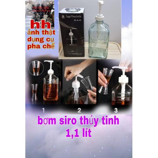 Bình bơm đựng siro, đường nước thủy tinh 1,1 lít, chuyên dụng cụ pha chế bartender