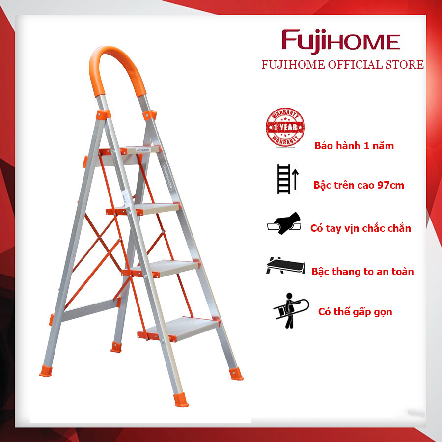 Thang nhôm ghế bản to 4 bậc FUJIHOME SL-304 ( bậc cao nhất 97cm, có tay vịn)  Hàng chính hãng