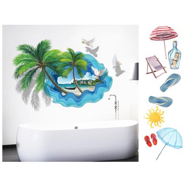 Decal trang trí tường 3D cảnh Cây dừa lớn cùng Biển