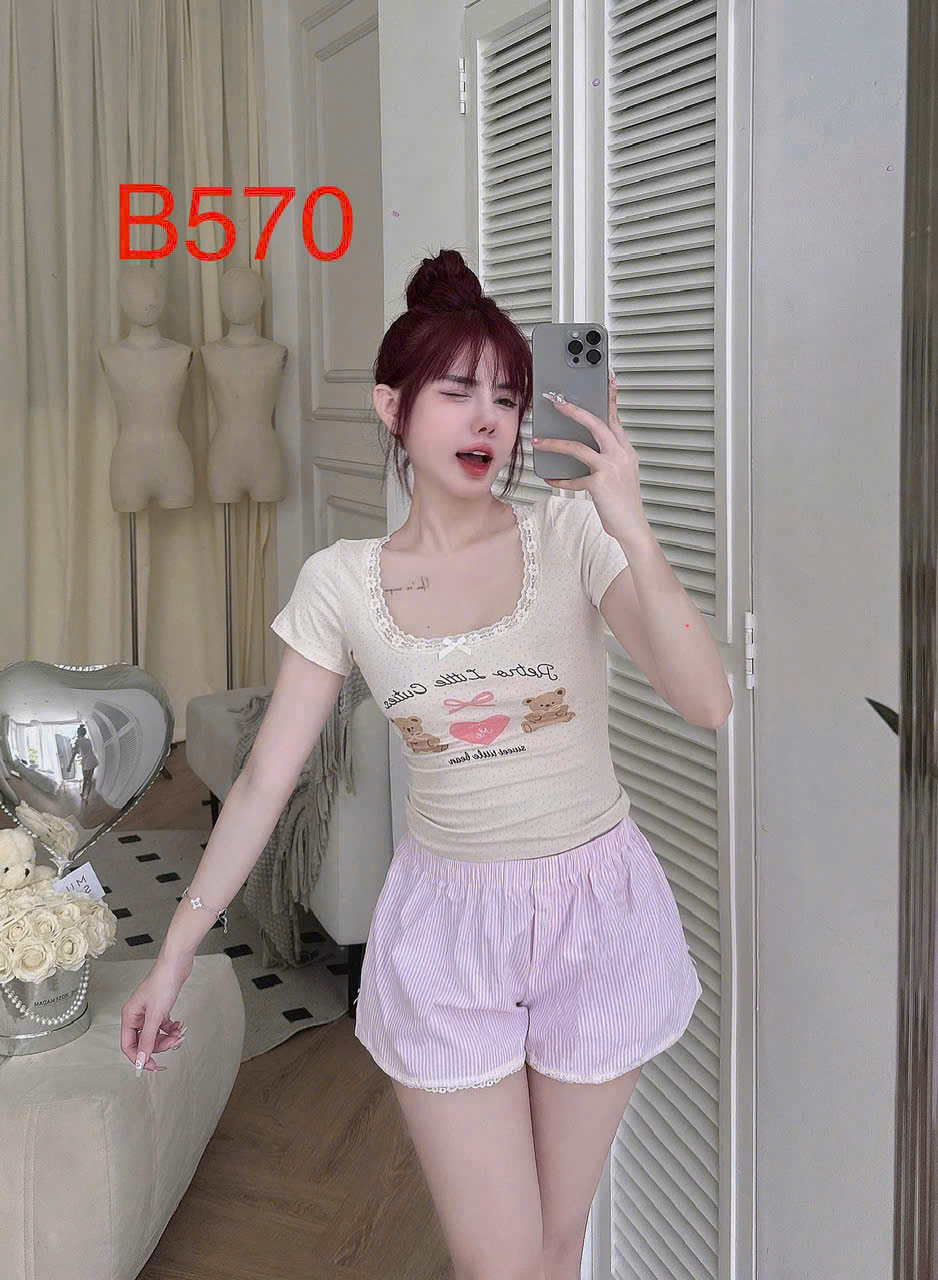 Bộ đồ ngủ B570 tay ngắn quần đùi áo cotton họa tiết gấu quần kate