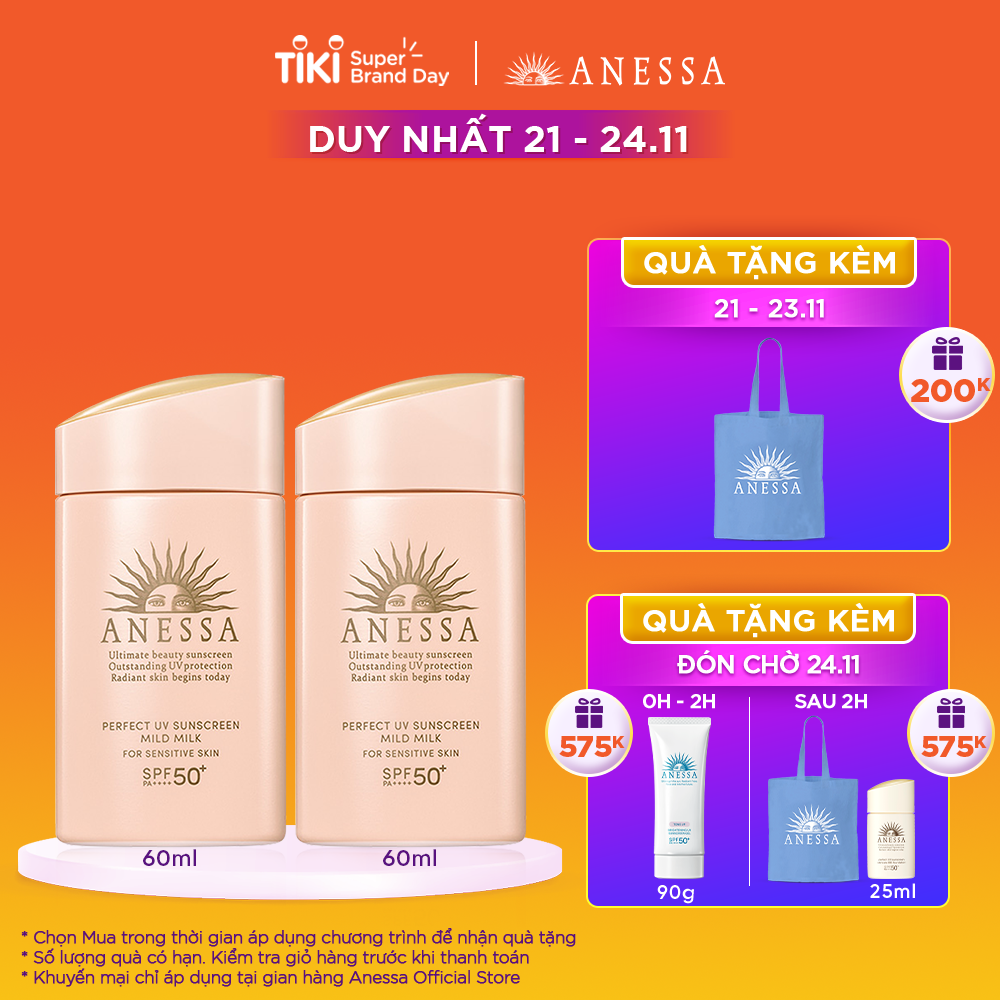 Bộ đôi 2 Kem chống nắng dạng sữa dưỡng da dịu nhẹ cho da nhạy cảm &amp; trẻ em Anessa SPF 50+ PA++++ 60ml