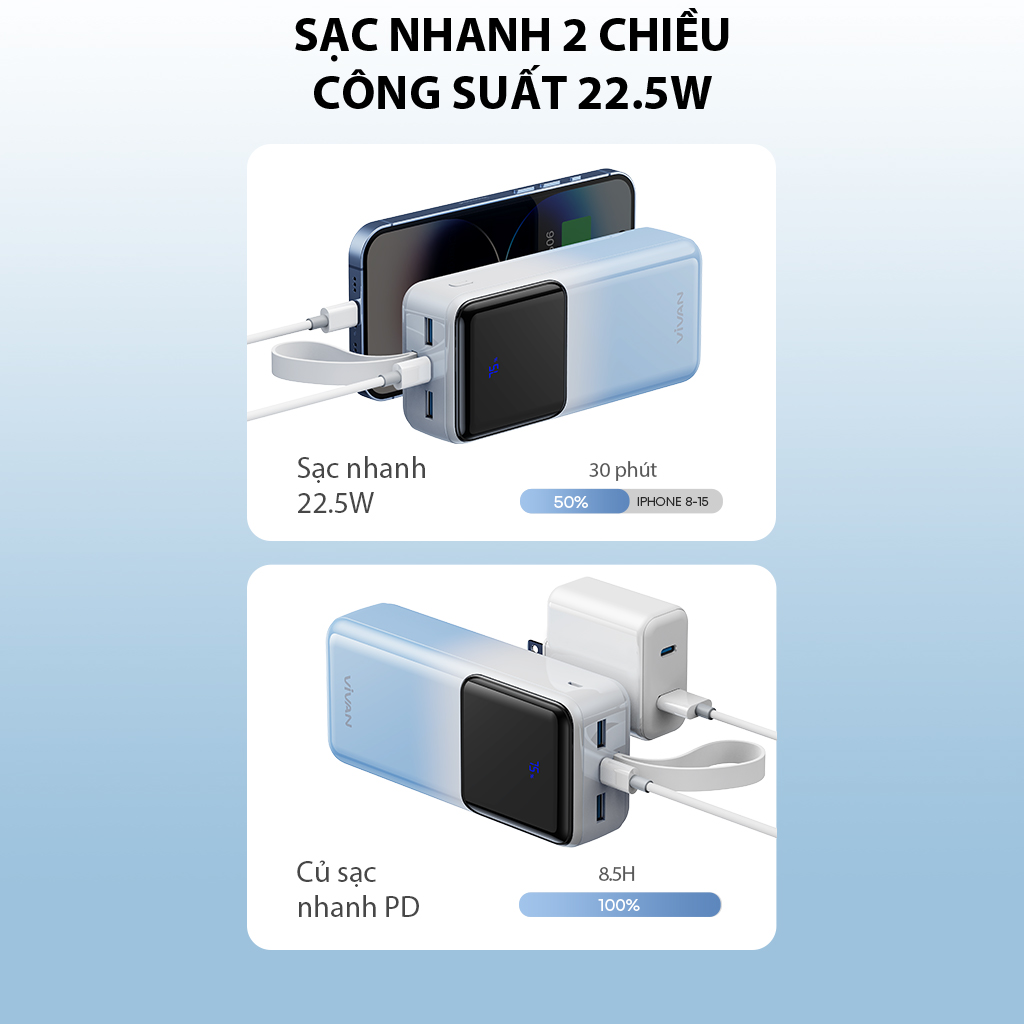 Pin Dự Phòng Sạc Nhanh VIVAN Dung lượng 30.000 mAh Sạc nhanh 22.5W QC3.0 &amp; PD 2 cổng sạc vào 3 cổng sạc ra VPB-D30 BH 12 THÁNG - HÀNG CHÍNH HÃNG