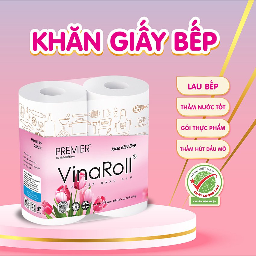 [COMBO 3 LỐC] Khăn giấy bếp đa năng Premier VinaRoll có lõi, 2 lớp 100% bột giấy nguyên sinh, không chất tẩy lốc 2 cuộn