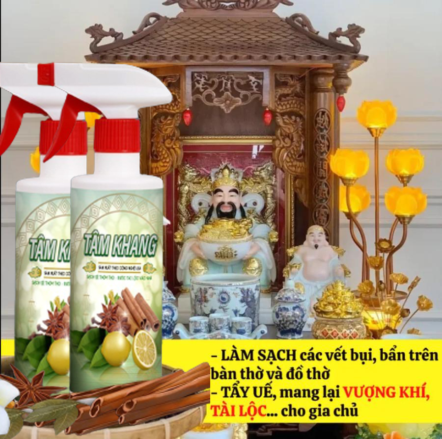 Nước Lau Làm Sạch Bàn Thờ Cao Cấp Tâm Khang Từ Tinh Chất Quế Và Thảo Mộc Tự Nhiên Giúp Tẩy Uế, Tăng Vượng Khí, May Mắn, Tài Lộc, Chai 500ml