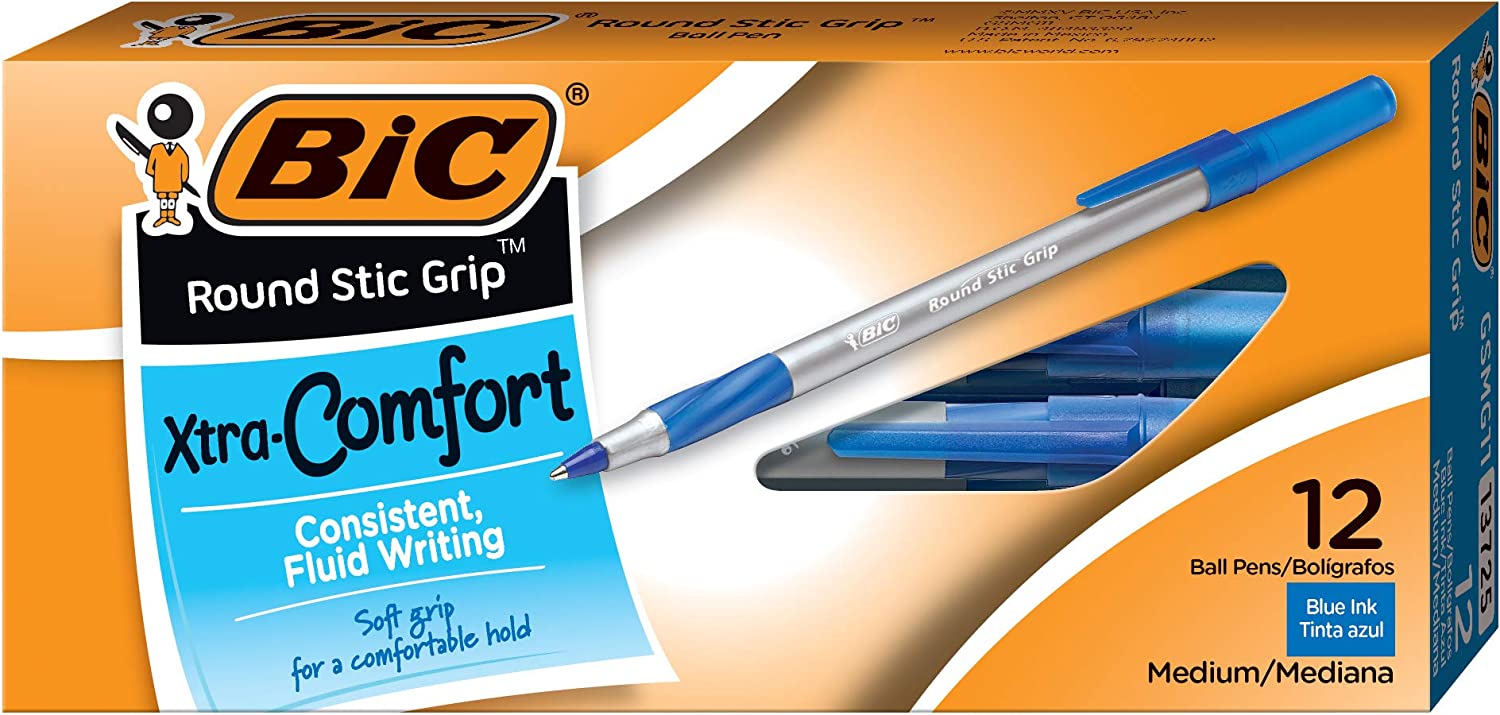 Bút bi cực êm nét đậm BIC Round Stic Grip Xtra Comfort Ballpoint Pen, Cỡ ngòi 1.2mm, 1 cây màu xanh dương