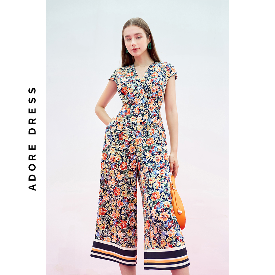 Midi/ maxi jumpsuits lụa navy hoa nhỡ phối gối lửng 311JS2003 ADORE DRESS