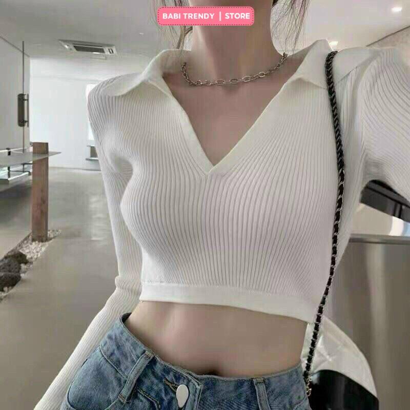 Áo Croptop Nữ Cổ V tay dài ôm dáng gợi cảm phong cách hàn quốc trẻ trung năng động - Babi Trendy CT27