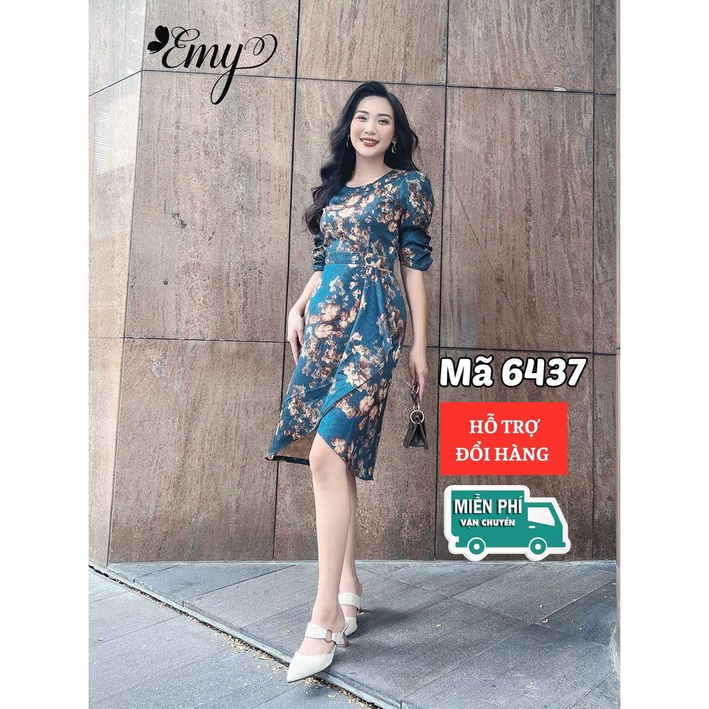Váy EMY EM6437 Nữ Body Xanh Hoa Cổ Tròn Tà Đắp Chéo Không Túi