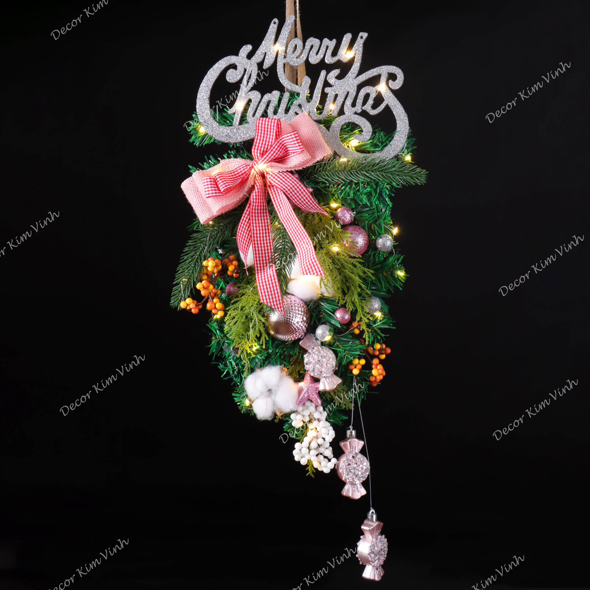 Dây Treo Chùm Thông CT07 Chùm Thông Merry Nơ Caro Hồng Trang Trí Noel Kèm đèn