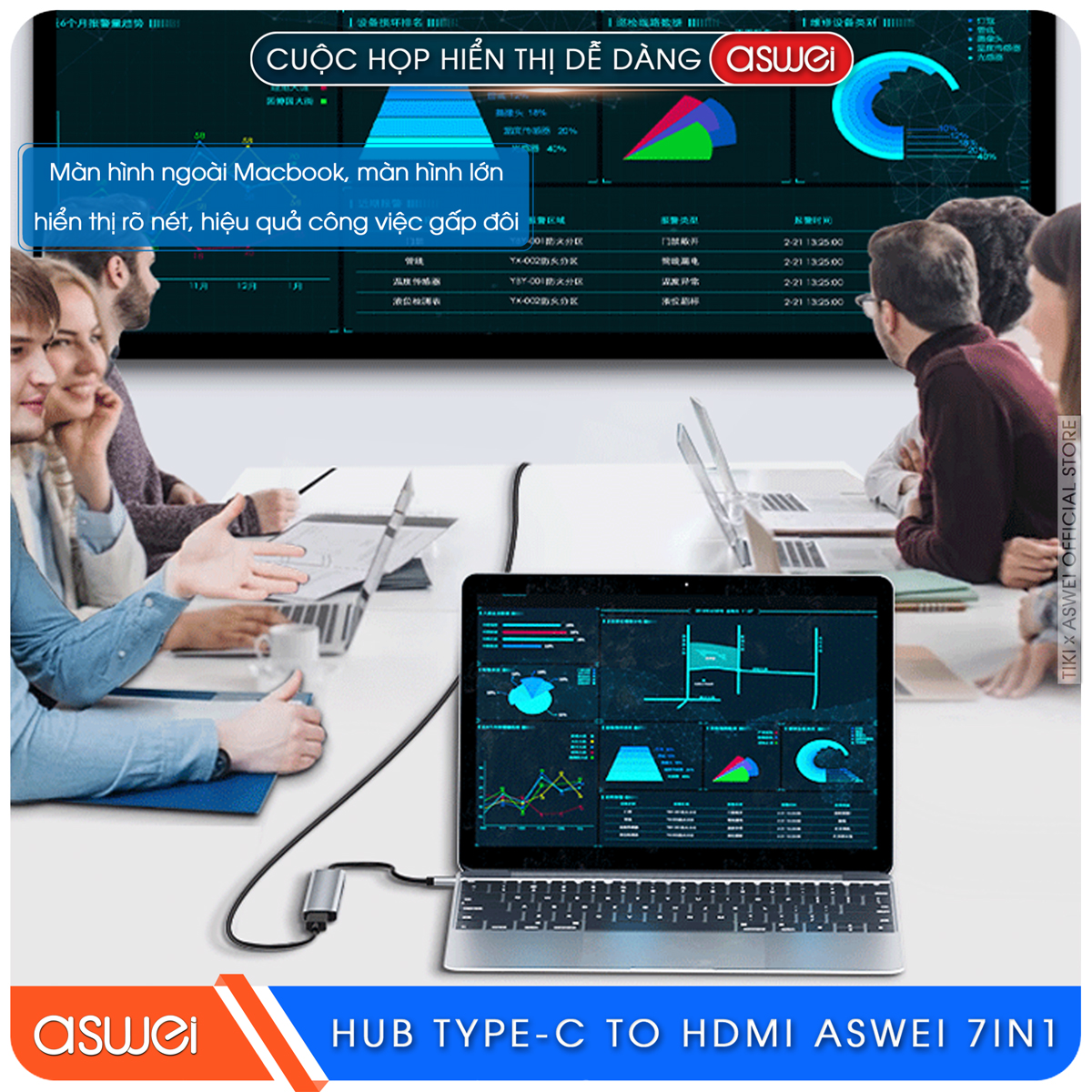 Hub Type C ASWEI 7 in 1 To HDMI, USB 3.0, SD, TF, USB-C, PD 100W - Hàng Chính Hãng