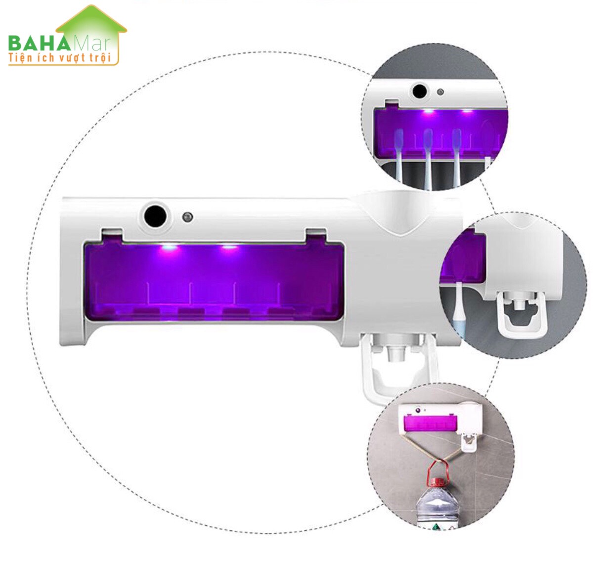GIÁ TREO 3 TRONG 1 CÓ KHỬ KHUẨN TIỆT TRÙNG BÀN CHẢI ĐÁNH RĂNG VÀ TỰ ĐỘNG VẮT NHẢ KEM ĐÁNH RĂNG "BAHAMAR" khử 99,00% vi khuẩn gây sâu răng, gây hôi miệng