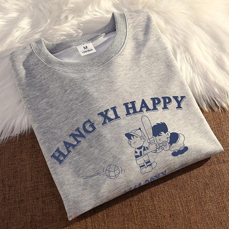Áo Sweater Cotton Tay Dài Cổ Tròn Dáng Rộng Phong Cách Hàn Quốc Thời Trang Mùa Thu Cho Nam Và Nữ