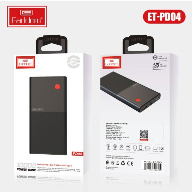 Sạc Dự Phòng 10.000 mah Earldom PD-04 Nhanh Vỏ Nhựa Cứng Cáp Cách Nhiệt Chống Bám Bẩn - Hãng Chính Hãng