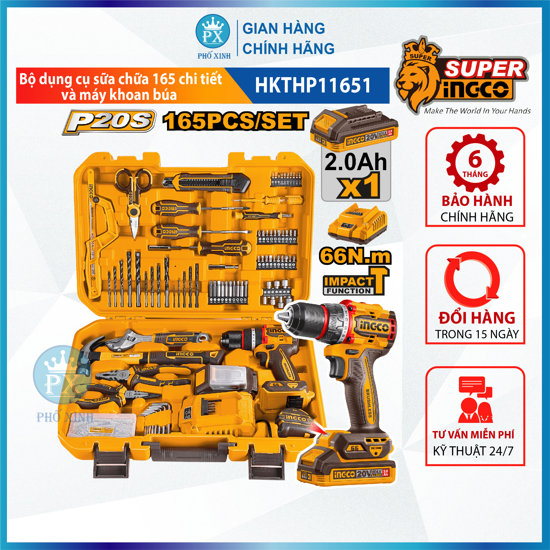 Combo Bộ dụng cụ sữa chữa 165 chi tiết và máy khoan búa HKTHP11651