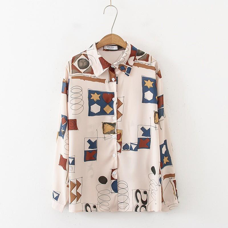 Áo Sơ Mi Tay Dài Form Rộng In Họa Tiết Phong Cách Retro Cho Nữ