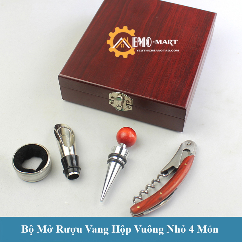 Bộ dụng cụ mở rượu vang hộp vuông nhỏ 4 món gỗ gụ cao cấp