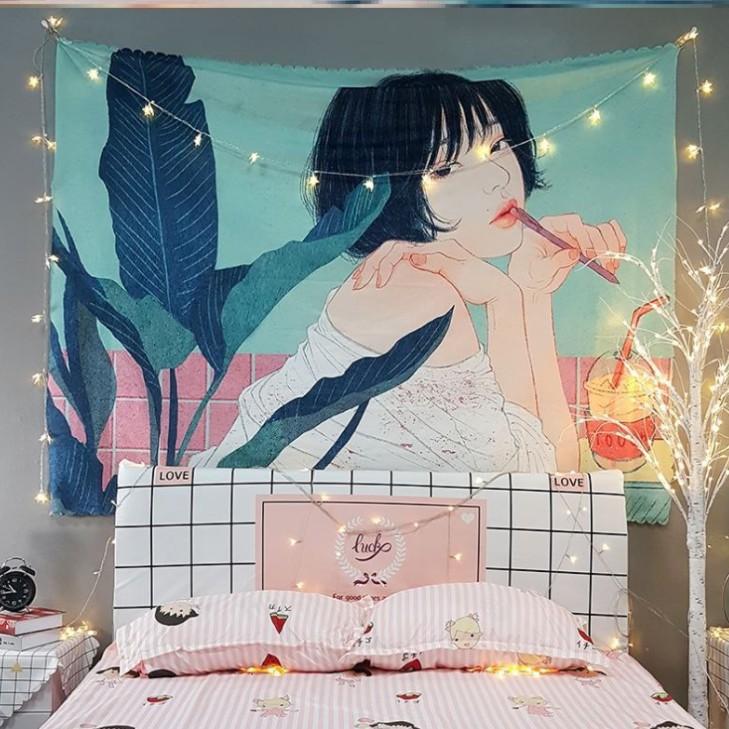 Thảm trang trí - Tranh vải treo tường hình cô gái phong cách thời trang + Tặng kèm móc treo