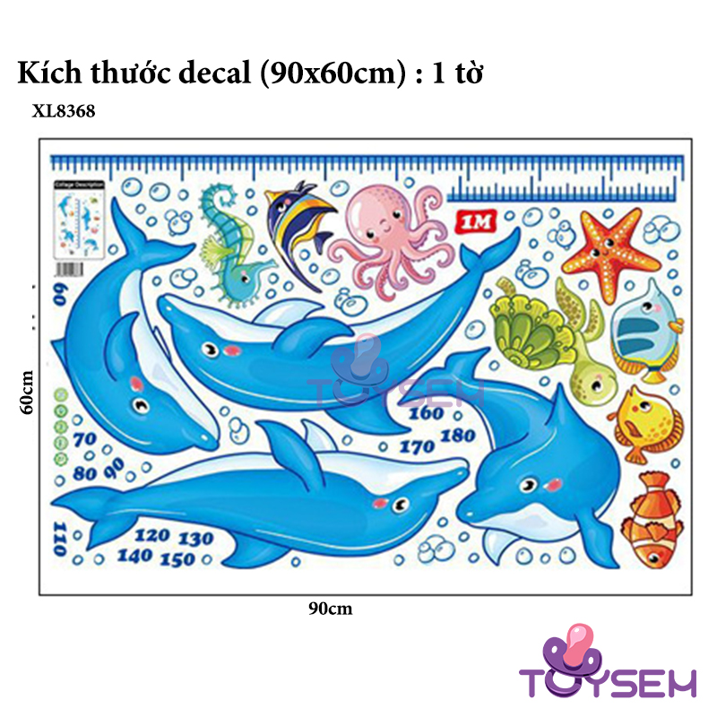 Decal dán tường thước đo chiều cao cho bé hình cá heo xanh - Trang trí decor phòng cho bé - Quà Tặng sinh nhật cho trẻ