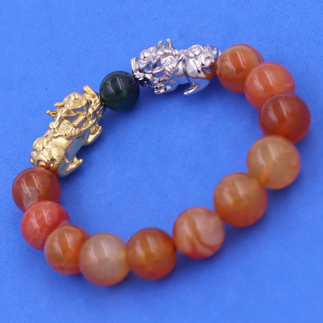 Vòng chuỗi đeo tay mã não cam 12 ly charm tỳ hưu đôi inox trắng và vàng, vòng chuỗi phong thủy, charm tỳ hưu, vòng tay hạt chuỗi